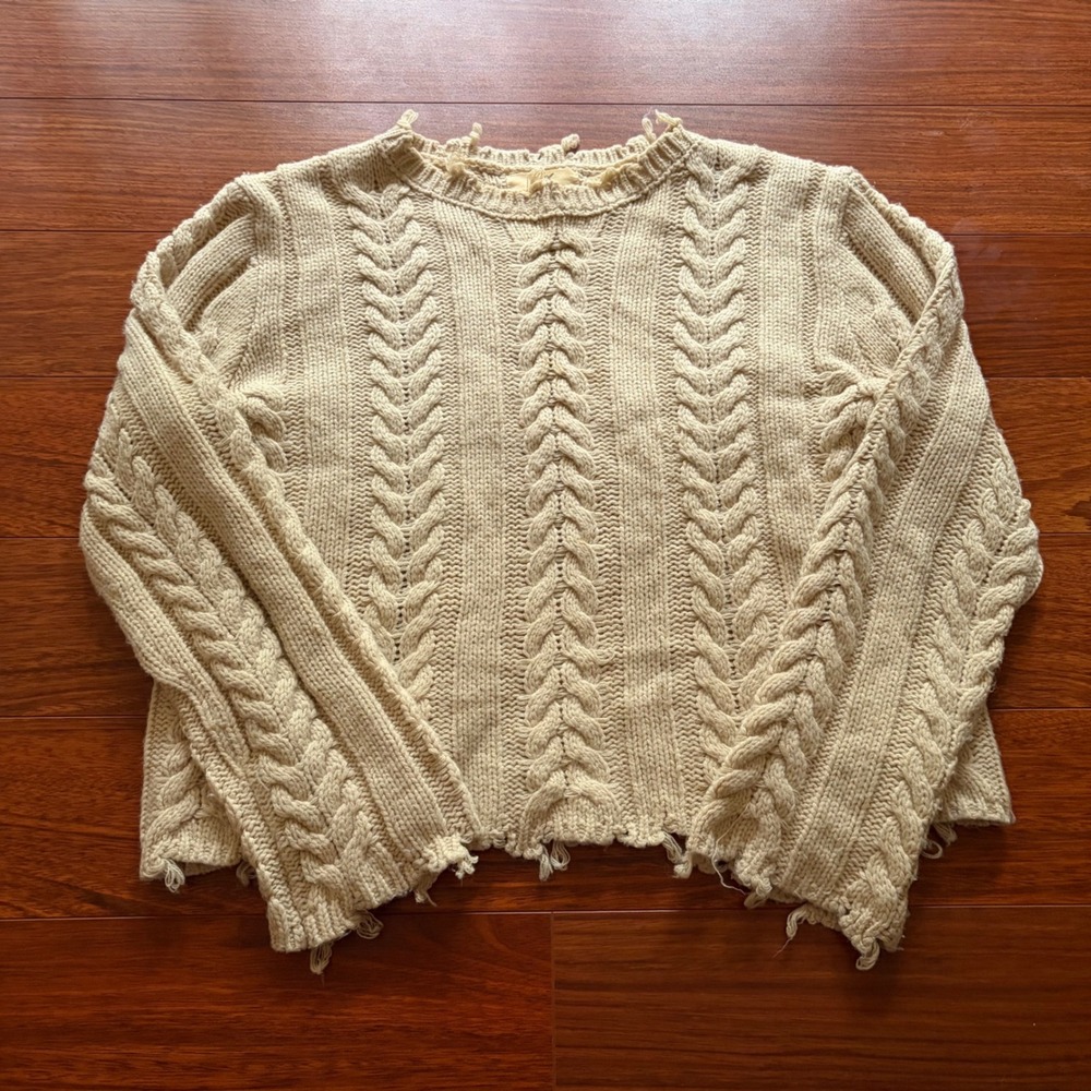 Y2K Hyped Unicorn Distressed 3D Fisherman Cable Knit Sweater Cream Beige Size L